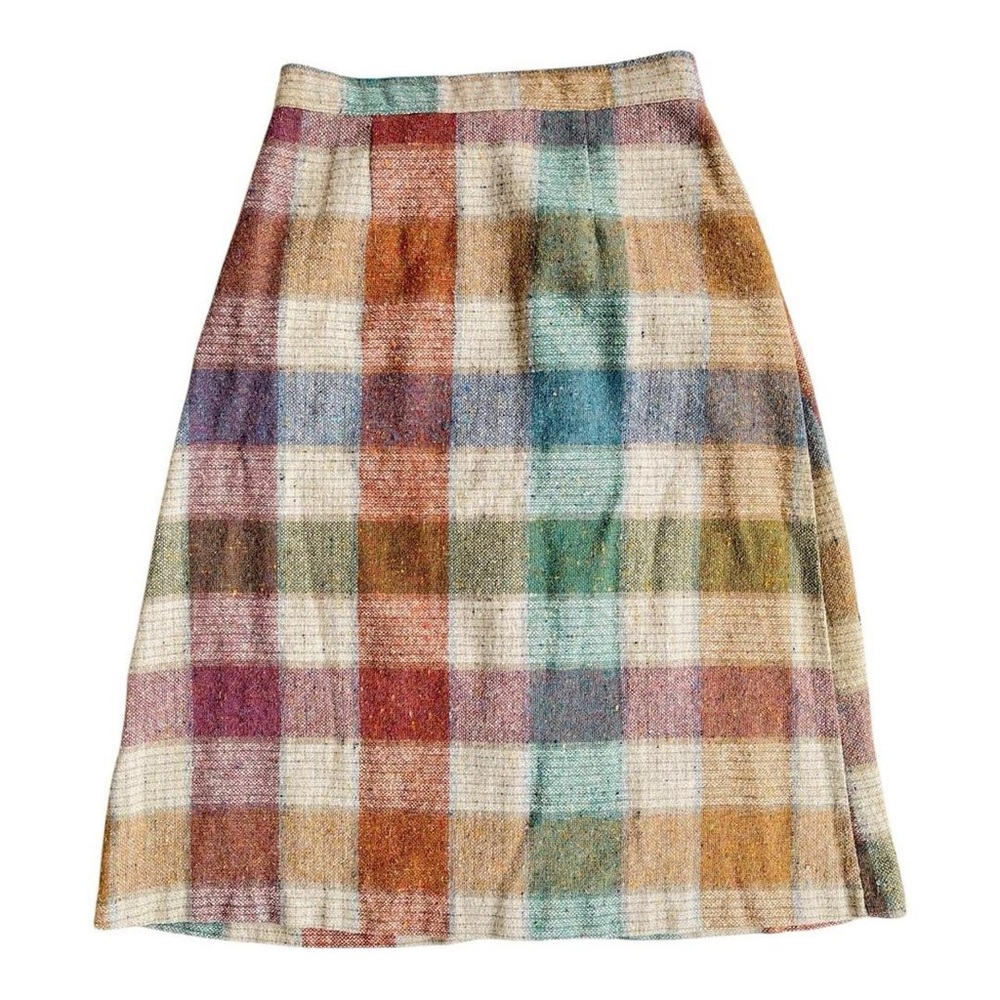 Vintage Plaid Earthy Tones Wool Midi Skirt - Picture 3 of 7